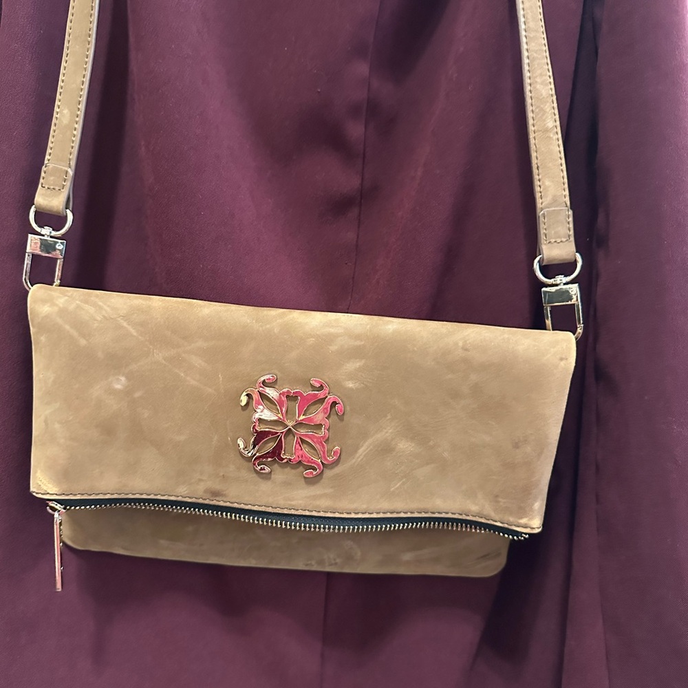 Rustic Cuff Tan Crossbody Bag with Pink Accent